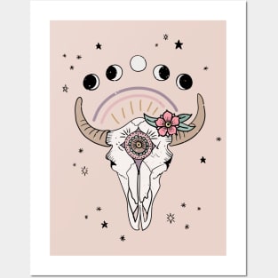 Boho Tribal Cow Skull with Flowers - blush Posters and Art